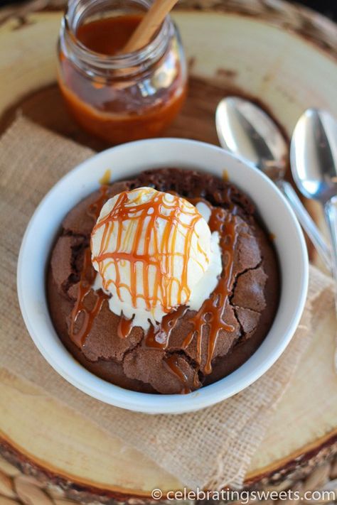 Gooey Brownie Sundae for Two - part brownie, part molten lava cake, baked in a ramekin and served with ice cream and caramel sauce. Small Batch Cupcakes, Ramekin Dessert, Ramekin Recipe, Celebrating Sweets, Brownie Sundae, Gooey Brownies, Molten Lava Cakes, Molten Lava, Dessert For Two