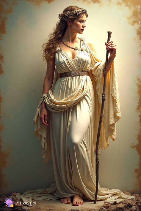 In this stunning depiction, Demeter, the goddess of the seasons and agriculture, stands proudly with her floral crown, symbolizing the changing cycles of nature. Her presence ensures the prosperity of the harvest and the earth's abundance.  #Demeter #SeasonsGoddess #GreekMythology #AgriculturalGods #HarvestCycle #MythicalArt #EpicFigures Demeter Goddess, Roman Clothes, Greek Dress, Goddess Outfit, Body Study, Portrait References, Greek Goddess Costume, Portraits Art, Goddess Costume