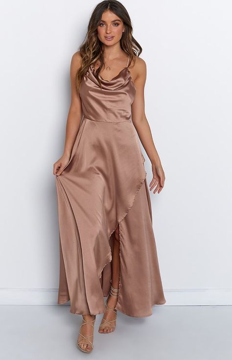 Brown Braidsmaid Dress, Bronze Bridesmaid Dress, Mocha Bridesmaid Dresses, Mocha Color Dress, Bronze Bridesmaid Dresses, Satin Cowl Neck Dress, Beige Bridesmaids, Brown Dresses Formal, Fall Bridesmaid