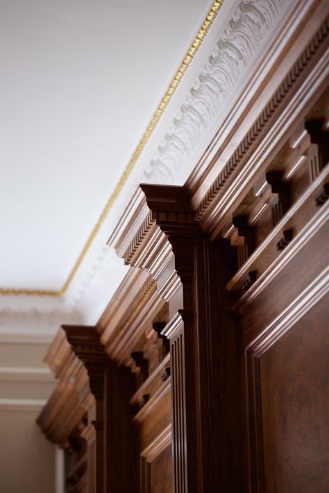 Colonial Office Interior, Wall Trim Detail, Fabric Panelling, Million Dollar Houses, Colonial House Interior, Indoor Porch, Mahogany Paneling, Wooden Panelling, Wainscoting Panels