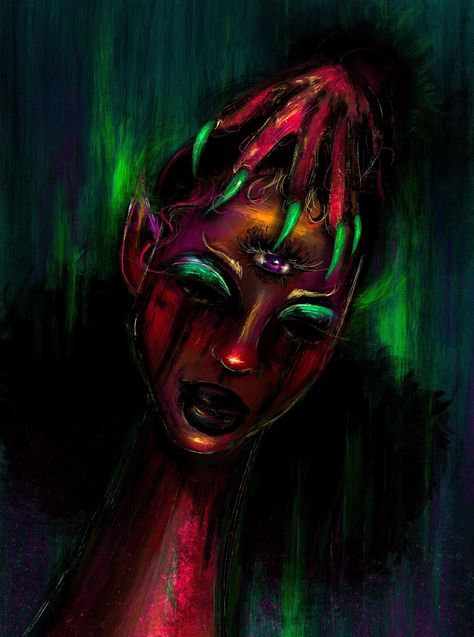 Euphoric Paintings, Toxic Painting, Black Background Painting Trippy, Trippy Woman Art, Trippy Character Painting, Trippy Self Portrait, Trippy Woman Painting, Vinyl Art Paint, Black Power Art