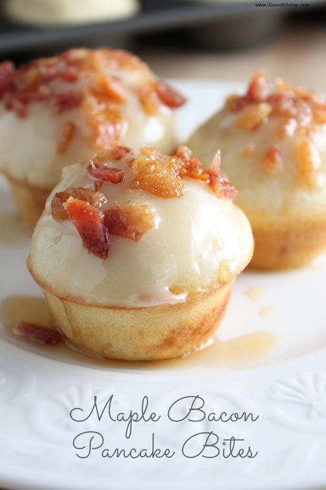 Maple, Bacon, Pancake Bites | www.vixenskitchen.com Maple Bacon Pancakes, Bacon Pancake, Easter Sunday Brunch, Egg Benedict, Pancake Bites, Pancakes And Bacon, Easter Brunch Food, Breakfast Sweets, Maple Bacon