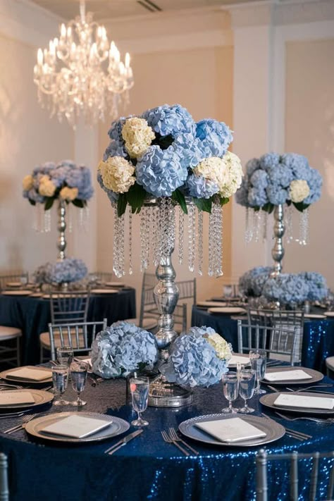 20 Royal Blue Centerpieces For Weddings • Royal Blue And Ivory Wedding, Blue Centerpiece Ideas, Royal Blue Centerpieces, Royal Wedding Themes, Blue Silver Weddings, Silver Weddings, Blue Wedding Receptions, Royal Blue Quince, Blue Hydrangea Wedding