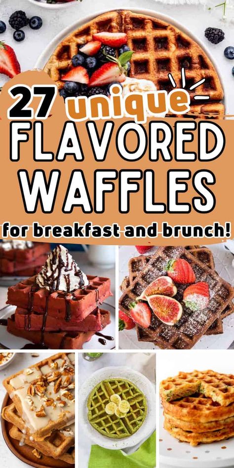 Looking for unique, fun or different waffle flavor ideas? Discover delicious flavored waffles recipes that will bring new excitement to your breakfast or brunch. From savory waffle ideas like bacon and cheddar to decadent waffle flavors like red velvet and pumpkin spice, these homemade waffles are perfect for weekend brunch or a fun weekday treat. Get ready to wow your taste buds with these flavored waffle recipe ideas! Fun Waffle Ideas, Waffles Dinner Ideas, Flavor Waffle Recipe, Bread Pudding Waffles, Cheddar Waffles Recipe, Flavored Waffles Recipe, Savory Waffles Recipe, Waffles Flavors, Fun Waffle Recipes