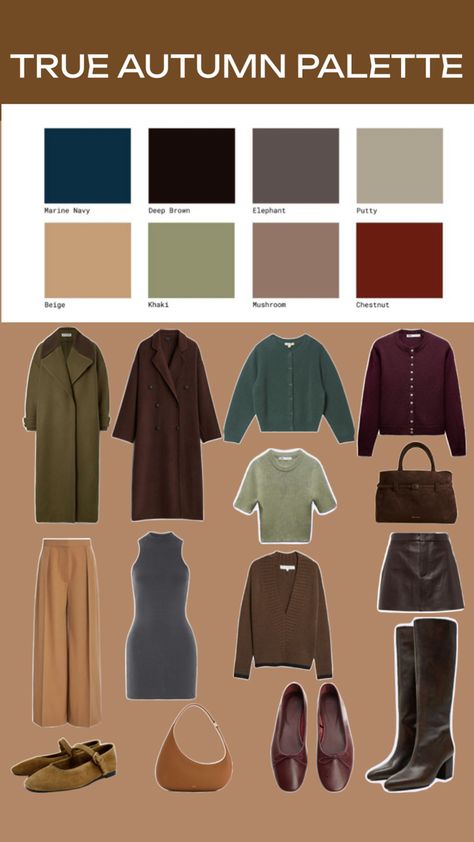 True autumn, warm autumn color palette Fall Color Combinations Clothes, Mellow Autumn Style, Summer Outfits For Autumn Palette, True Autumn Winter Outfits, Deep Autumn Vs Soft Autumn, Color Analysis Autumn Outfit, Autumn Wardrobe Color Palette, True Autumn Summer Capsule Wardrobe, Autumn Colors Aesthetic