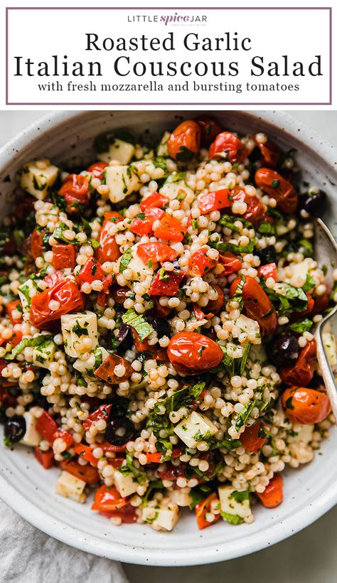 Roasted Garlic Italian Couscous Salad – A colorful salad with bursting roasted tomatoes, garlic vinaigrette and so many fresh herbs! #couscoussalad #springrecipes #salad #saladrecipes #italiansalad | Littlespicejar.com Italian Couscous, Pearl Couscous Recipes, Roasted Garlic Dressing, Pearl Couscous Salad, Couscous Salad Recipes, Mediterranean Pasta Salads, Radicchio Salad, Mediterranean Pasta, Yummy Salads