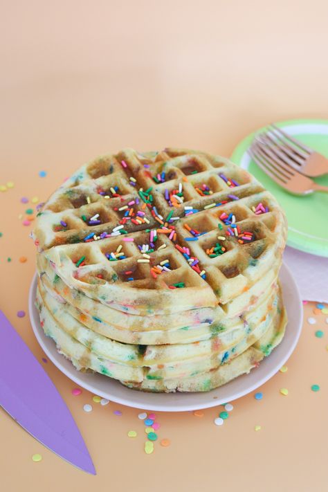 Funfetti Cake Batter Waffles | Club Crafted Birthday Waffles, Cake Batter Waffles, Bday Breakfast, Funfetti Recipes, Homemade Confetti, Funfetti Pancakes, Cake Waffles, Brunch Foods, Different Kinds Of Cakes