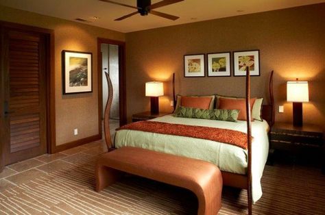 Caramel Color Details For Sophisticated Bedroom Look Beige Bedroom Colors, Bedroom Paint Color Inspiration, Dark Brown Bedrooms, Brown Furniture Bedroom, Bedroom Paint Colors Master, Tropical Bedrooms, Sophisticated Bedroom, Beige Bedroom, Bedroom Orange