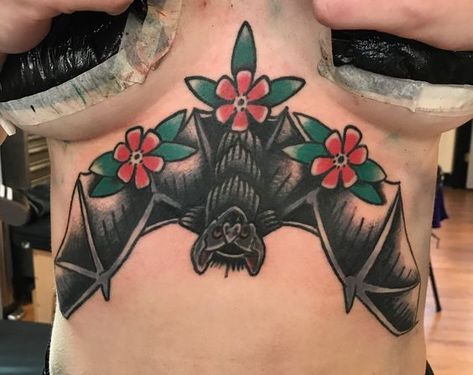 Sternum tattoo done by Donny Arthur at Black Cobra Tattoo Club in Buffalo, NY. Underbust Tattoo Traditional, Sternum American Traditional Tattoo, Sternum Bat Tattoo Women, Bat Stomach Tattoos Women, American Traditional Stomach Tattoos Women, Trad Collar Bone Tattoo, American Traditional Tattoos Sternum, Bat Tattoo Stomach, Bat Tattoo American Traditional