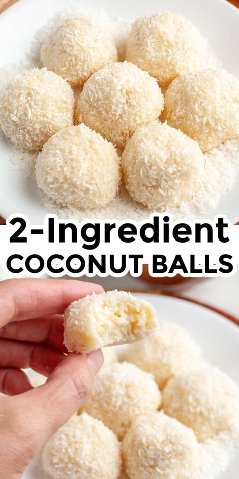 Coconut balls - This easy dessert recipe only has 2 ingredients! Soft and sweet coconut balls are easy to make and great for all occasions. Easy Coconut Balls 3 Ingredients, Homemade Coconut Candy, Christmas Coconut Balls, Cream Of Coconut Recipes Desserts, No Bake Cream Cheese Coconut Snowballs, Asian Coconut Dessert, Coconut Balls No Bake Condensed Milk, Coconut Cream Cheese Balls, Cream Cheese Coconut Balls