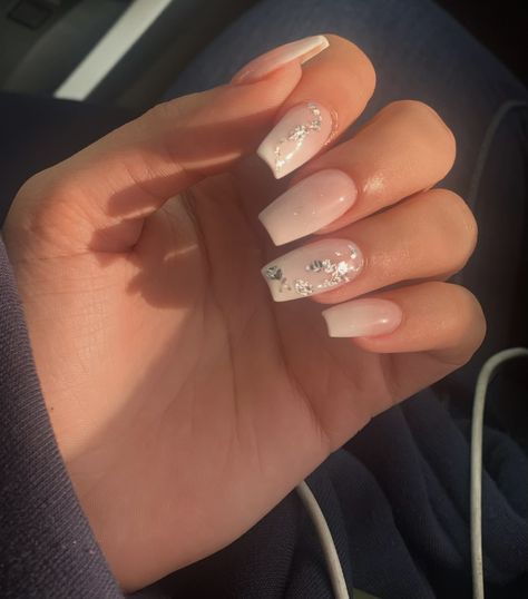 Classy ombre coffin nails, wedding nails, nails, simple nails, pretty nails, cute nails, white ombre nails, nail designs Nails With Silver Foil, Cute Nails White, White Ombre Nails, Ombre Coffin Nails, Foil Nail Designs, Ombre Coffin, Nails With Silver, Nails Images, Brown Acrylic Nails