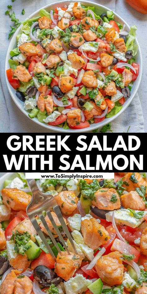 Easy Greek Salad, Feta And Olives, Pasta Salad Salmon, Salad With Salmon, To Simply Inspire, Feta Pasta Salad, Greek Vinaigrette, Mediterranean Flavors, Best Pasta Salad