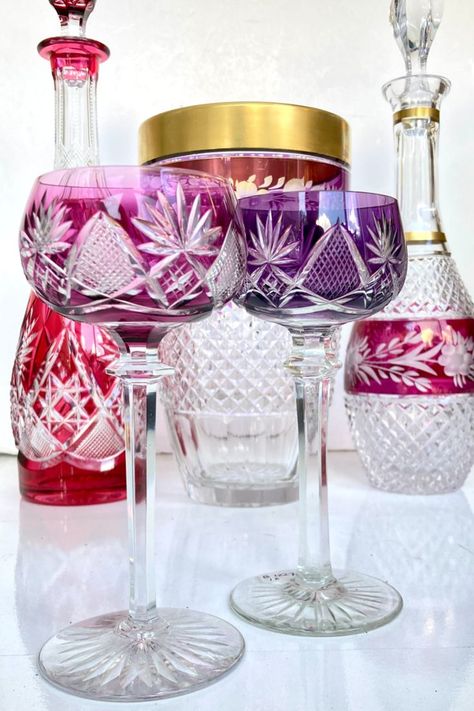 S H O P N O W - The color's from this cut-to-clear crystal Glassware are like a candy store. Discover more exclusive Vintage-Antique Wine Glasses in color here. Bar Cart Vintage, Vintage Bar Carts, Crystal Wine Glasses, Shop Bar, Crystal Glassware, Vintage Barware, Candy Store, Baccarat, Color Crystal