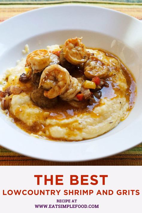 This lowcountry shrimp and grits recipe is filled with bacon, andouille sausage, and local shrimp. The thickened roux makes for the best sauce and it's served over creamy grits. Shrimp And Grits Copycat Recipe, Shrimp And Grits Recipe With Andouille, Shrimp And Grits With Corn, Shrimp And Grits With Red Eye Gravy, Roux For Shrimp And Grits, Shrimp And Grits Sauce Recipe, Shrimp And Grits With Andouille Sausage, Shrimp And Grits Recipe Southern Easy, Shrimps And Grits Recipe