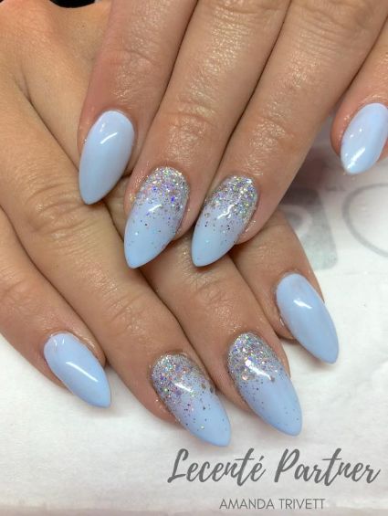 Pretty Ombre Nails Blue, Silver Blue Nails Acrylic, Pastel Blue Nails With Glitter, Cinderella Wedding Nails, Light Blue And Sparkle Nails, Cinderella Prom Nails, Cinderella Acrylic Nails, Blue And Glitter Acrylic Nails, Blue Bride Nails