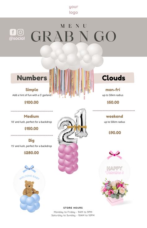 Get your EDITABLE BALLOON MENU BUNDLE and wow your clients today! Our templates are designed to help you craft an experience that's as special as the occasion itself!  💖 #Wedding #WeddingPlan #BridalShower #BabyShower #Birthday #CreatingMemories #EventPlanning #BalloonMockup Styling Business, Balloon Business, Balloon Artist, Balloon Pump, Online Parties, Create Memories, Balloon Decor, Digital Weddings, Event Planners