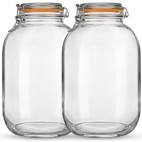 PRICES MAY VARY. [PREMIUM GLASS & AIRTIGHT LIDS] - These airtight jars are made of food-grade glass, no smell, and 100% BPA-free. Clamp jars are sealed with a high-quality food-grade rubber gasket cover and a stainless steel locking clip design to ensure that your food is sealed and never gets bad, keeping fresh [HAVE IT ALL] - All food jars with lids have special safety packaging. These 128 FL OZ glass canning Jars are 10.6’’ tall, 6.7’’ at the bottom and 1 replaceable silicone gaskets are prov Gallon Glass Jars, Gallon Jars, Sun Tea, Glass Candy Jars, Jars With Lids, Wide Mouth Mason Jars, Glass Jars With Lids, Glass Storage Jars, Food Jar