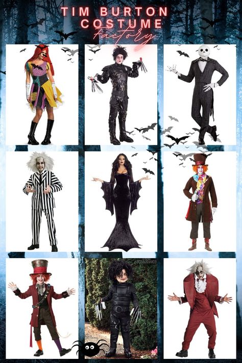 Explore the whimsical world of Tim Burton's movies with our hauntingly good Halloween costume selection!  From The Nightmare Before Christmas to Beetlejuice and beyond, we've got your favorite characters covered.  Summon our exclusive collection! Dive deeper into Burton's filmography with Edward Scissorhands, Alice in Wonderland The Mad Hatter, and Sweeney Todd costumes—all right here! at HalloweenCostume.com #TimBurton #HalloweenCostumes #SpookyStyle" Tim Burton Movie Characters, Tim Burton Inspired Halloween Costumes, Tim Burton Movie Costumes, Tim Burton Costumes Halloween, Tim Burton Female Characters, Tim Burton Characters Aesthetic, Disfraces Tim Burton, Scary Movie Characters Costumes, Halloween Costumes Tim Burton