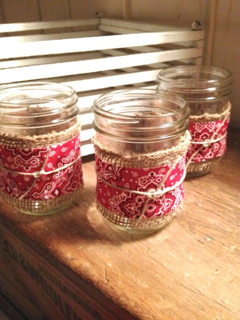 Easy to make table decoration...Mason Jar Burlap & Bandana Decor / Cowboy/Cowgirl  party Bandana Decor, Mason Jar Burlap, Mason Jars Ideas, Make Table, Cowboy Theme Party, Burlap Mason Jars, Western Birthday Party, Wild West Party, Country Party