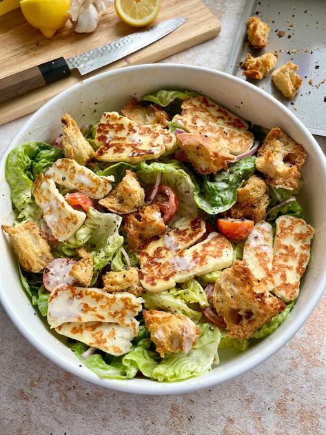 Halloumi Caesar salad - by Emily on Toast Vegetarian Alternatives, Halloumi Cheese Recipes, Simple Vegetarian Recipes, Sourdough Croutons, Salad Meals, Halloumi Cheese, Halloumi Salad, Ciabatta Bread, Colorful Salads