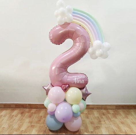 Balloon Stack, Rainbow Balloon Garland, Rainbow Unicorn Birthday Party, Rainbow Themed Birthday Party, Star Balloons, First Birthday Balloons, Balloon Tree, Rainbow First Birthday, Balloon Garland Diy