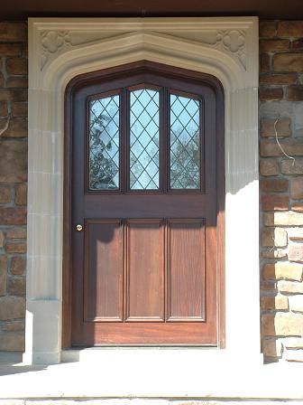 Door #4: Similar to #3, but with one row of non-leaded panels instead of 3. The trim on the non-leaded panels on this door projects out a bit far for our taste, and the panels don't look very recessed. We prefer the look the non-leaded panels on Door #3. Tudor Front Door, Gothic Front Door, Front Door Surround, Harrison Dollhouse, Glencroft Dollhouse, Tudor Decor, Tudor House Exterior, Tudor Design, Buck Moon