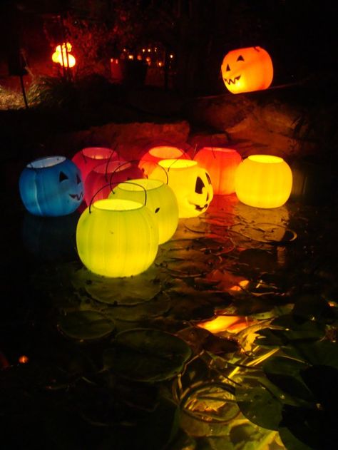 Put LED tealights in plastic jack-o-lantern buckets if you have a pond! More at LightsOnline Blog Halloween Lights Diy, Halloween House Party Decorations, Halloween Lighting, Halloween Party Decor Diy, Casa Halloween, Halloween House Party, Pool Party Decorations, Adornos Halloween, Cheap Halloween