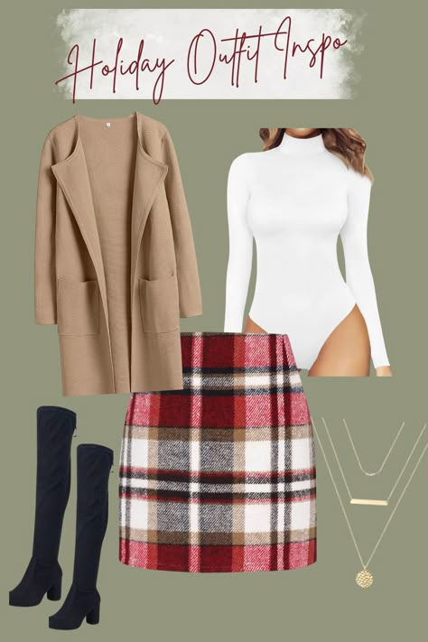 Flannel Christmas Party Outfit, Christmas Leather Skirt Outfit, Outfit For Christmas Party Classy, Christmas Breakfast Outfit, Christmas Hostess Outfit, Holiday Winter Outfits, Holiday Party Work Outfit, Friendsmas Outfit Ideas, Shein Christmas Outfits