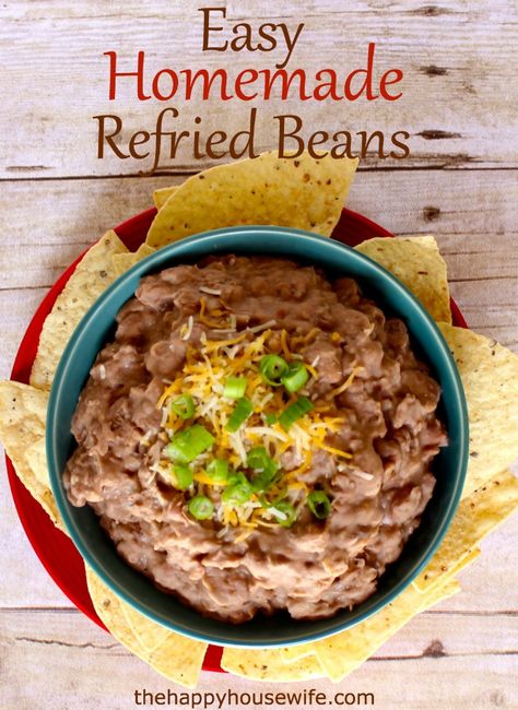 Easy recipe for Homemade Refried Beans ~ Most people purchase their refried beans in a can. While this is definitely an option, I think the homemade version tastes so much better! | The Happy Housewife Make Refried Beans, Canning Refried Beans, Healthy Dip, Homemade Refried Beans, Refried Beans Recipe, Beans Beans, Recipe Mexican, Kitchen Staples, Mexican Meals