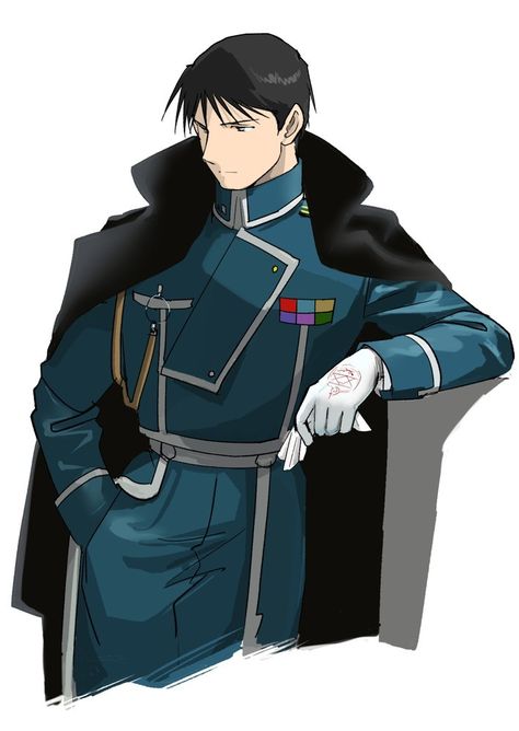 Coat On Shoulders, Mustang Fullmetal Alchemist, Hand In Pocket, Black Eyes Black Hair, Fullmetal Alchemist Edward, Roy Mustang, Collared Jacket, Eyes Black, Fullmetal Alchemist Brotherhood