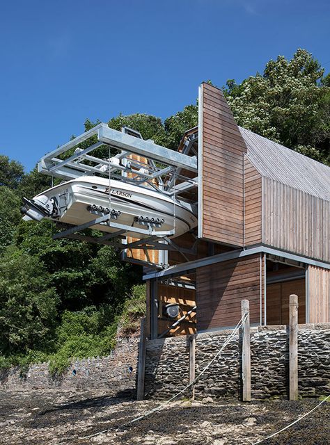 House Boat Exterior, House With Boat Dock, Boathouse Design Architecture, Pilothouse Boat, Seaside Homes, Boathouse Design, Loeb Boathouse, Boat Garage, Mass Timber