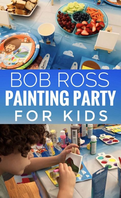 Bob Ross Painting Party for Kids - fun activity or party theme for kids who love to paint!  #bobross #paintingparty #paintingwithkids #kidsparty #kidspartyideas Bob Ross Themed Birthday Party, Bob Ross Christmas, Bob Ross Birthday Party Ideas, Bob Ross Painting Party, Bob Ross Party Ideas, Bob Ross Birthday Party, Bob Ross Party, Painting Party For Kids, Party Theme For Kids