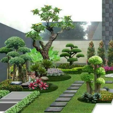 GALERI SKETSA TAMAN|GREENGARDENASRI | GREEN GARDEN ASRI Outdoor Landscaping Ideas Front Yard, Kolam Koi, Small Garden Landscape, نباتات منزلية, Modern Backyard Landscaping, Front Yard Garden Design, Gardens Design, Front House Landscaping, Outdoor Gardens Design