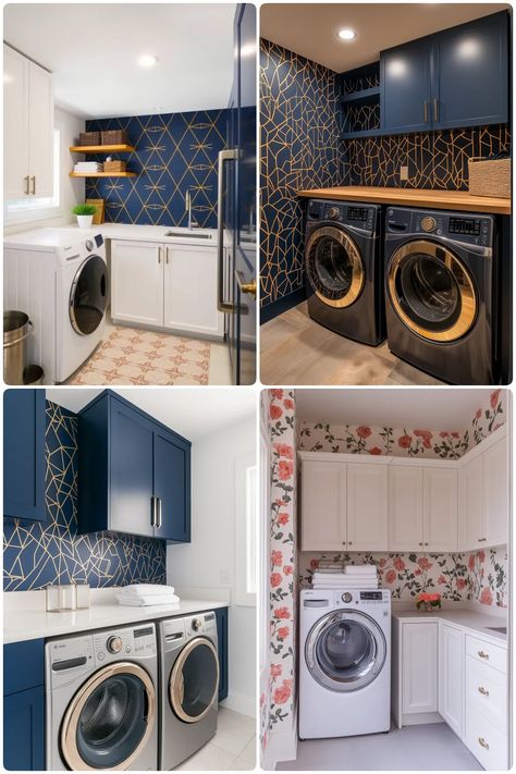 Modern laundry rooms in various styles featuring navy and floral designs wallpaper with sleek appliances Blue And Pink Laundry Room, Blue Washer Dryer Laundry Room, Navy Laundry Room Ideas, Ge Sapphire Blue Washer Laundry Room, Blue Washer And Dryer Laundry Room, Purple Laundry Room Ideas, Laundry Room Navy, Dark Blue Laundry Room, Navy Blue Laundry Room