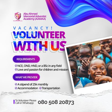 Volunteer, vacancy, requirements Vacancy Poster, Volunteer Flyer, Restaurant Vibes, Charity Poster, Church Backgrounds, One Piece Photos, Food Menu Design, Graphic Design Flyer, Luxury Restaurant