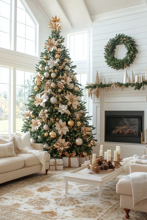 Transform your living space with this stunning Christmas home decor. Featuring a beautifully decorated tree and cozy accents, it brings holiday cheer to any room. Create a warm and festive atmosphere! #ChristmasHomeDecor #HolidayVibes #FestiveDesign Simple Traditional Christmas Tree, Kardashian Christmas Tree, Beige Christmas Decor, Cream Christmas Tree, Natural Christmas Decor, Pencil Christmas Tree, Traditional Christmas Tree, Beige Tones, Natural Christmas