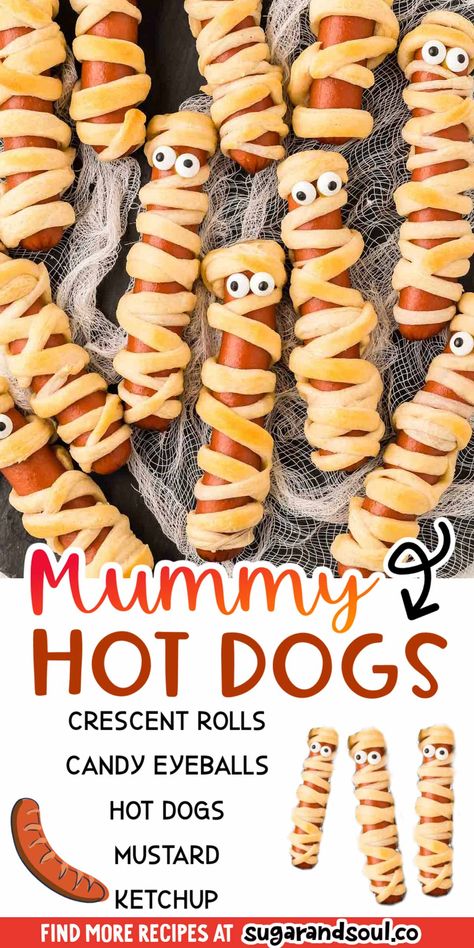 Mummy Hot Dogs Crescent Rolls, Mummy Hotdogs, Monster Party Food, Halloween Meals, Hot Dog Crescent Rolls, Halloween Hotdogs, Halloween Sandwiches, Monster Snacks, Mummy Hot Dogs