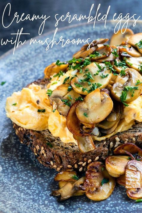 Creamy scrambled eggs with mushrooms on top of a slice of bread Eggs With Mushrooms, Mushroom Breakfast, Eggs And Mushrooms, Creamy Scrambled Eggs, Scrambled Eggs Recipe, Yogurt Bar, Cuisine Recipes, Egg Breakfast, Toast Recipes