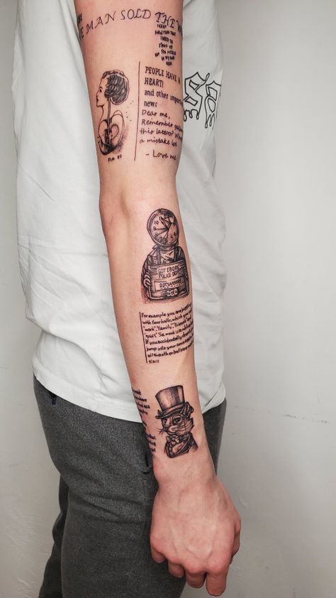 Text Sleeve Tattoo, Poetry Tattoo Men, News Paper Tattoo Design, Word Tattoo Sleeve, Quote Tattoo Sleeve, Text Tattoo Placement, Newspaper Tattoo, Diary Tattoo, Typographic Tattoo