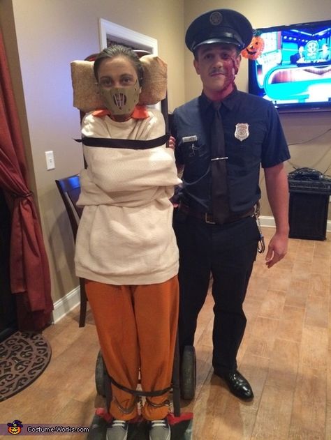 Lindsey: This is me as Hannibal Lector and my boyfriend as the cop who Dr. Lector eats his face. Both of our clothes came from thrift stores and the makeup was... Cop Couple Costume, Cop Couple, Restraint Bed, Hannibal Lecter Costume, Hannibal Mask, Hannibal Lector, Cop Halloween Costume, Hannibal Buress, Cop Outfit