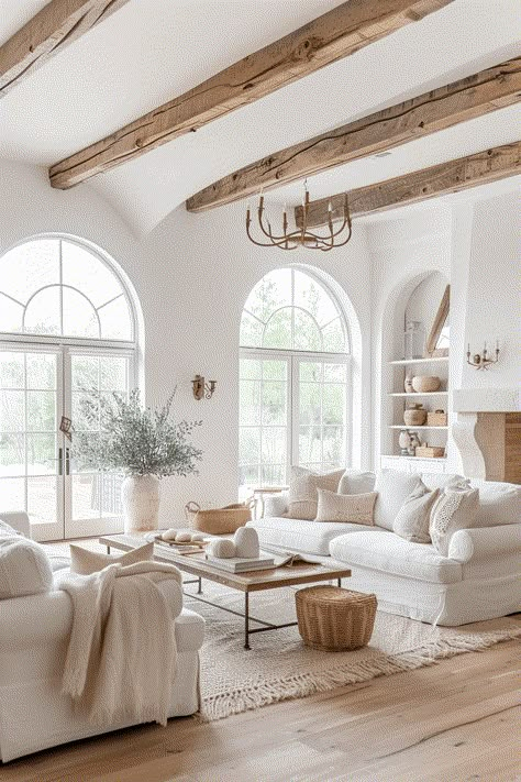 french farmhouse style living room with cream walls, cream sofa and cream bedding Farmhouse Living Room Wall, Farmhouse Living Room Wall Decor, Modern Farmhouse Ideas, Trendy Farmhouse, Farmhouse Living Room Ideas, Farmhouse Living Room Furniture, Wall Decor Inspiration, Farmhouse Living Room Decor Ideas, French Farmhouse Style