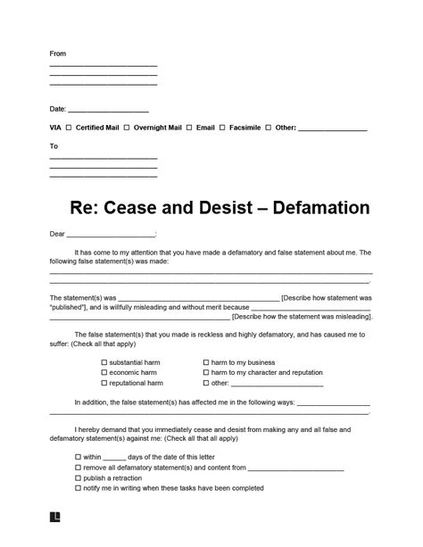 Free Cease and Desist Letter Templates | PDF & Word Defamation Of Character, False Facts, Cease And Desist, Communication Methods, Letter Example, Writing About Yourself, Email Template, Enjoy Writing, Open Field