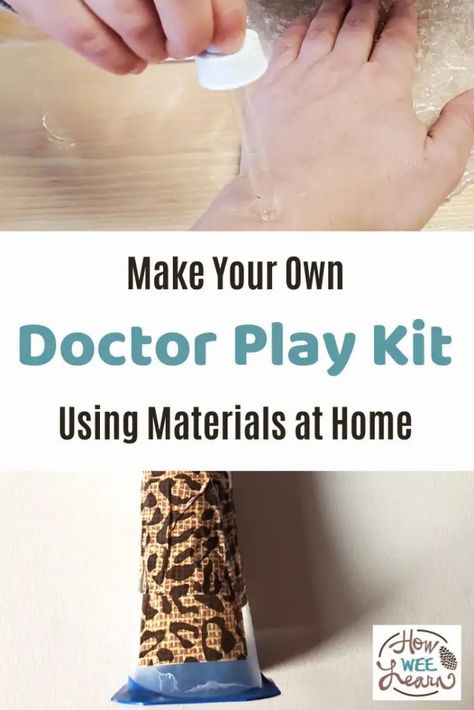 Make your own pretend doctor play kit from materials found at home. Pretend doctor play is so important and fun for kids! Doctor Sensory Bin, Diy Doctor Kit For Kids, Preschool Doctor Activities, Toddler Doctor Kit, Kids Playing Doctor, Kids Doctor Kit, Doctor Play, Play Doctor, Diy Doctor