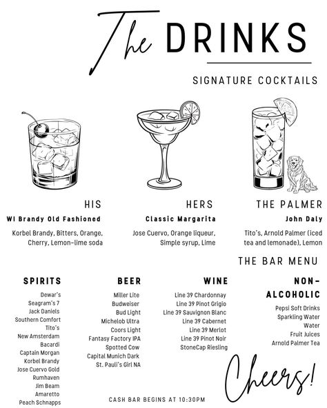 Elevate your wedding reception with this elegant, fully customizable bar menu! Instantly download and personalize your drink selection and wedding details. Perfect for adding a stylish touch to your special day. Easy to edit in Canva, and printable at home or with your favorite print shop. What's Included: Editable bar menu template (PDF) Instant download for quick access Easy customization with your own text Create a beautiful, personalized bar menu in minutes! Cocktail Bar Menu Design, Drink Menu Wedding, Bar Menu Design, Brandy Old Fashioned, Bar Menu Template, Lime Tea, Canva Wedding, Bar Menu Wedding, Wedding After Party