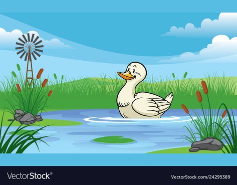 Duck In Pond, Cartoon Drawing Images, Pond Drawing, Nature Pond, Farm Vector, Duck Pins, Duck Cartoon, Illustration Kids, Duck Pond