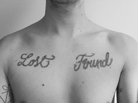 LOST & FOUND   Tattoo Tatouage Inked Boy Black and White Chest - Douglas Gordon Lost And Found Tattoo, Douglas Gordon, C Tattoo, White Chest, Boy Black, White Chests, Lost And Found, Lost & Found, Tatting