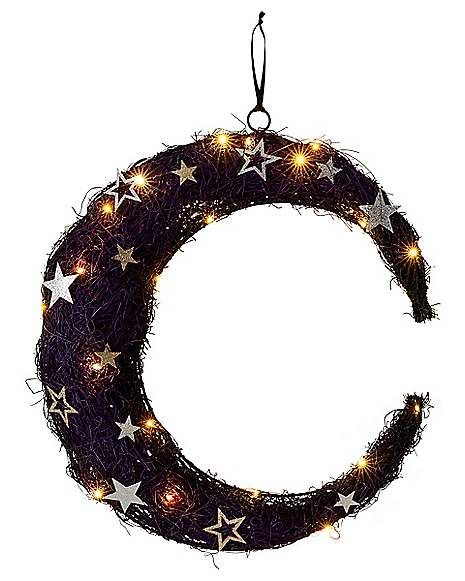 Light-Up Crescent Moon Wreath - Spirithalloween.com Disney Baby Costumes, Crescent Moon Wreath, Moon Wreath, Light Up Costumes, Spider Web Decoration, Book Character Costumes, Movie Decor, Spencers Gifts, Vampires And Werewolves