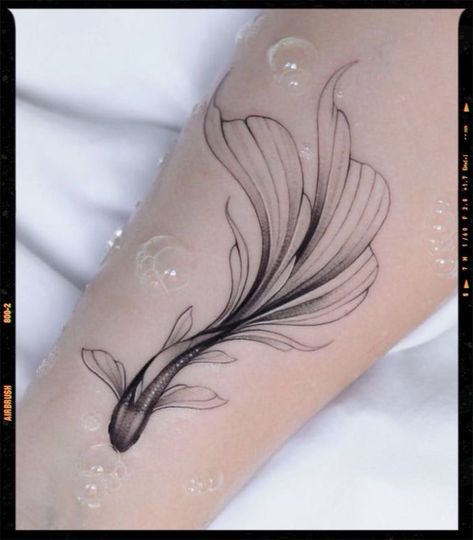 Tattoos For Calf Women, Colored Fish Tattoo, Betta Fish Tattoos, Feminine Koi Fish Tattoo, Floral Fish Tattoo, Fish Tattoos Women, Fish In Water Tattoo, Color Fish Tattoo, Pisces Fish Tattoo Women