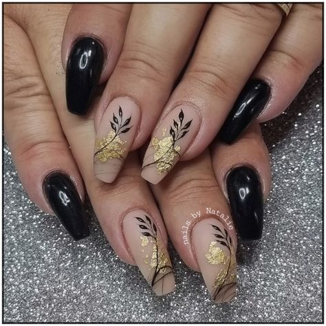 Young Nails Cover Rosebud with black chrome, spider gel, soft gold foil and handpainted leaves on a matt finish Black And Foil Nail Designs, Gold Flower Nail Designs, Foil And Spider Gel Nails, Black Leaf Nails, Black Gold Nails Ideas, Black Golden Nails, Gold Foil Nail Art, Transfer Foil Nail Art Design, Foil Art Nails