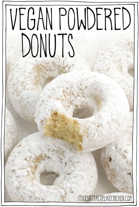 Vegan Powdered Donuts! Homemade donuts are easy to make and taste just like old fashioned white sugar powdered donuts. These baked donuts are the perfect dessert or snack! #itdoesnttastelikechicken #veganrecipes #donuts #veganbaking Vegan Donuts Baked, Homemade Baked Donuts, Vegan Copycat, Vegan Donut Recipe, Donuts Homemade, Donut Calories, Vegan Doughnuts, Powdered Donuts, Easy Vegan Recipes